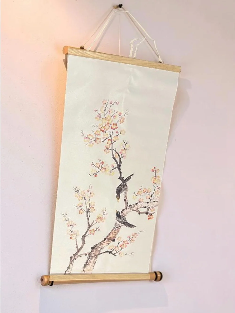 Floral Bird Scroll Wall Art - Cream and Pink